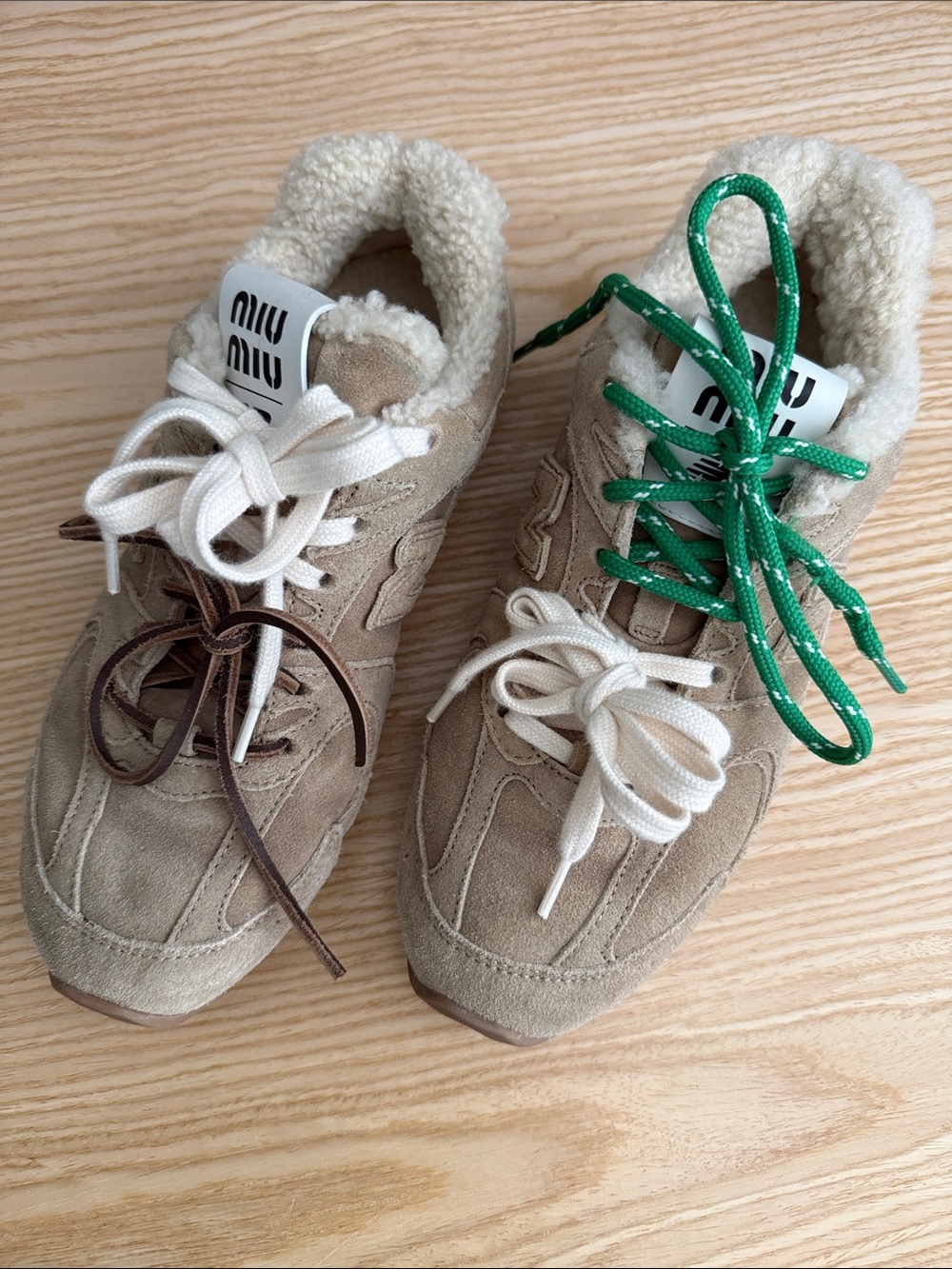 Miu Miu Beige Suede Sneakers with Cream Shearling and Green & Brown Laces
